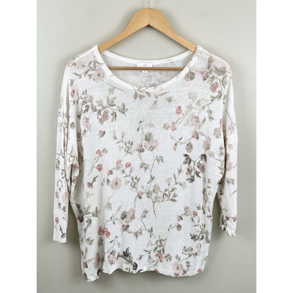 J. Jill Knit 3/4 Sleeve Linen Blend Ivory Floral Tunic Sweater Side Slits Medium